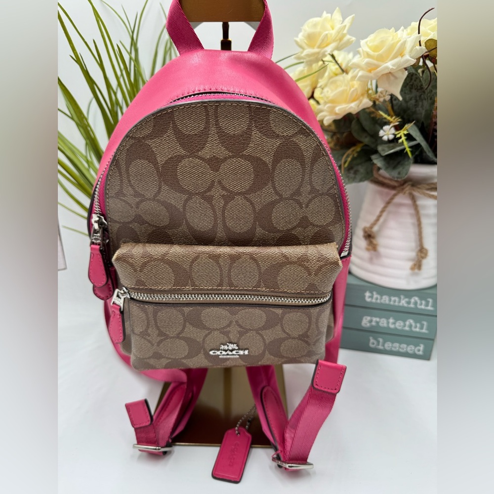 COACH Mini Charlie Backpack in Signature Canvas with Pink Leather - Picture 2 of 15